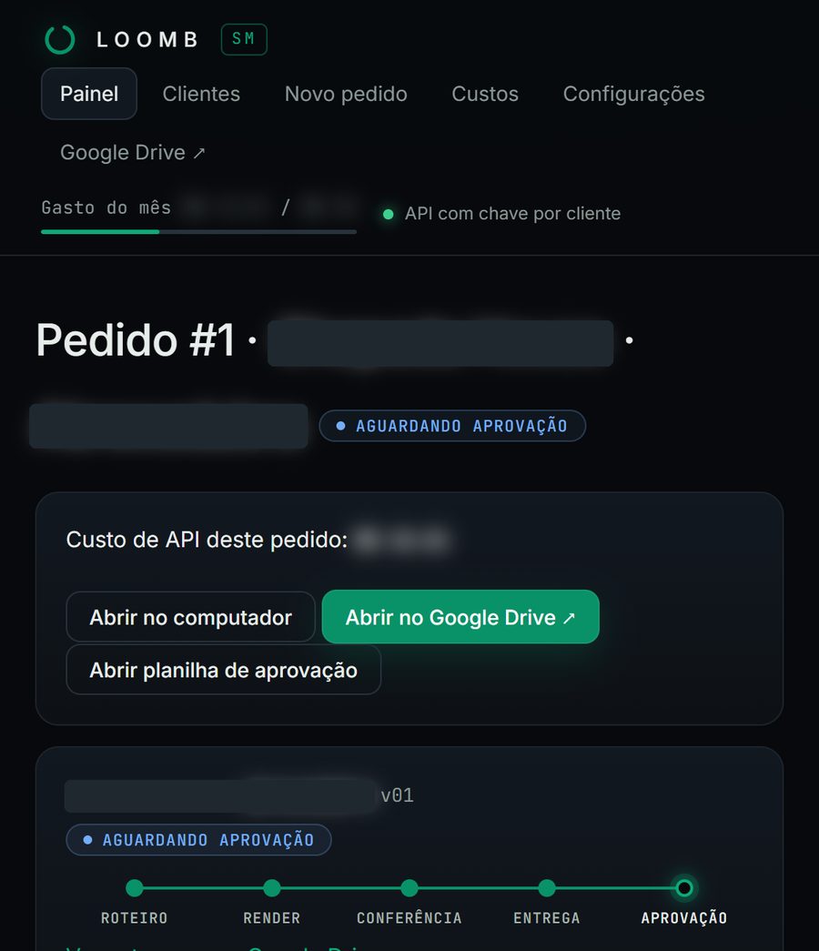 Painel da Loomb SM: pedido com a trilha roteiro, render, conferência, entrega e aprovação